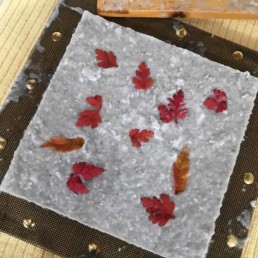 Paper pulp spread out on frame and decorated with autumn leaves