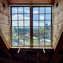 A view through Three Mills oast house