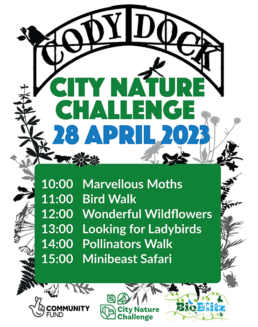City Nature Challenge 28 April 2023. 10:00 Marvellous Moths, 11:00 Bird Walk, 12:00 Wonderful Wildflowers, 13:00 Looking for Ladybirds, 14:00 Pollinators Walk, 15:00 Minibeast Safari
