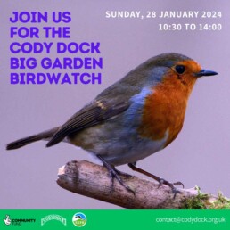 Event flyer text: JOIN US FOR THE CODY DOCK BIG GARDEN BIRDWATCH, SUNDAY, 28 JANUARY 2024 10:30 TO 14:00